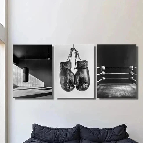 3pcs Black And White Boxing Ring Bag & Gloves Wall Art Canvas Unframed - High Quality Print 100% Australian Made Wall Canvas - Bella Home Decor