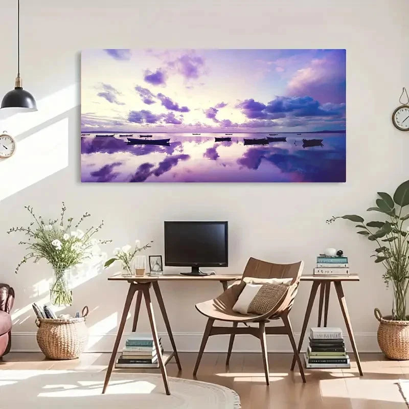 Serene Purple Sunset Seaside Wall Art Canvas Office Home Room Framed 120x60cm - Bella Home Decor