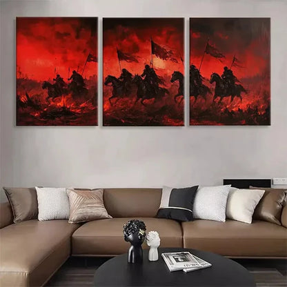 3pcs Red Warrior Cavalry Horsemen Flags Wall Art Canvas Unframed - High Quality Print 100% Australian Made Wall Canvas