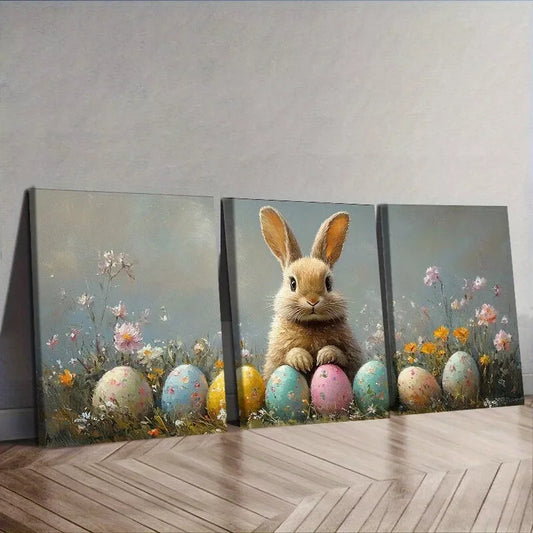3pcs Adorable Easter Bunny with Eggs Wall Art Set Canvas Framed 40x60cm - High Quality Print 100% Australian Made Wall Canvas Ready to Hang