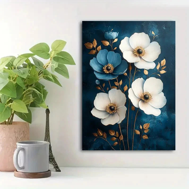 Beautiful White & Blue Floral Design Golden Painting 40x60cm Metal Print Ready to Hang