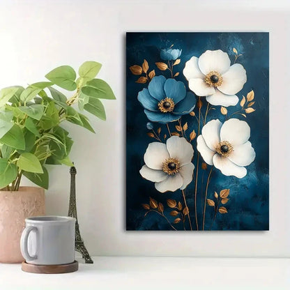 Beautiful White & Blue Floral Design Golden Painting 40x60cm Metal Print Ready to Hang