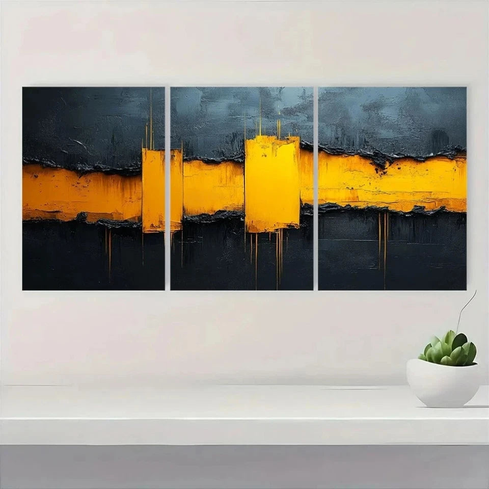 3pcs Modern Grey and Yellow Abstract Metal Print Ready to Hang Art - Bella Home Decor