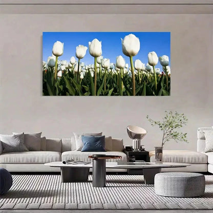 White Tulips & Blue Sky Flower Wall Art Canvas Office Home Room Framed 120x60cm - Bella Home Decor