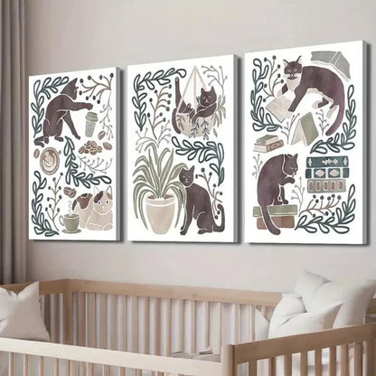 3pcs Cat Posters with Coffee & Indoor Scenes Wall Art Canvas Unframed - High Quality Print 100% Australian Made Wall Canvas - Bella Home Decor