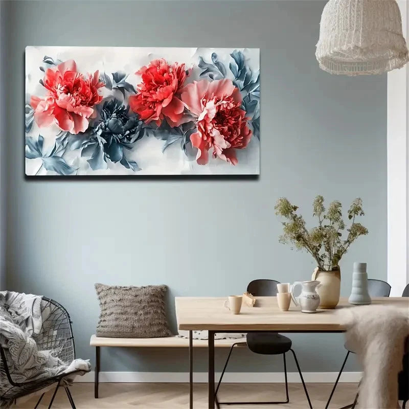 Vibrant Red & Blue Flowers Wall Art canvas office home room framed 120x60cm