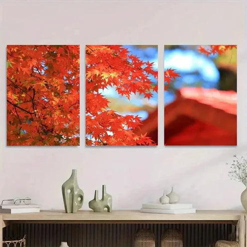 3pcs Autumn Red Maple Leaves Triptych Wall Art Set Canvas Unframed - High Quality Print 100% Australian Made Wall Canvas