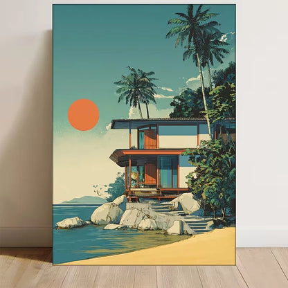 Tropical House, Palm Trees & Ocean View Metal Print Ready to Hang