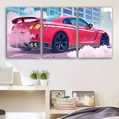 3pcs Red Sports Car With Smoke And Cityscape Wall Art Set Canvas Framed 50x70cm - High Quality Print 100% Australian Made Wall Canvas Ready to Hang