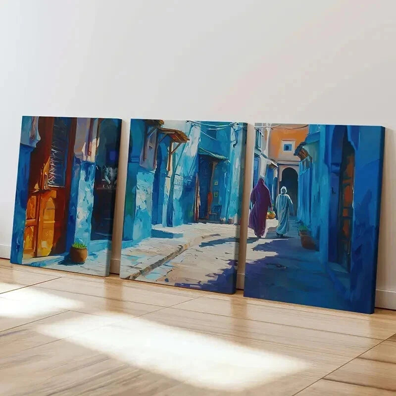 3pcs Vintage Blue Alley Moroccan Architecture  Wall Art Set Canvas Framed 60x90cm - High Quality Print 100% Australian Made Wall Canvas Ready to Hang - Bella Home Decor