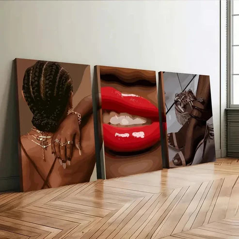 3pcs Black Female Art Boho Fashion Figures Red Wall Art Set Canvas Unframed - High Quality Print 100% Australian Made Wall Canvas - Bella Home Decor
