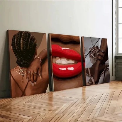 3pcs Black Female Art Boho Fashion Figures Red Wall Art Set Canvas Unframed - High Quality Print 100% Australian Made Wall Canvas - Bella Home Decor