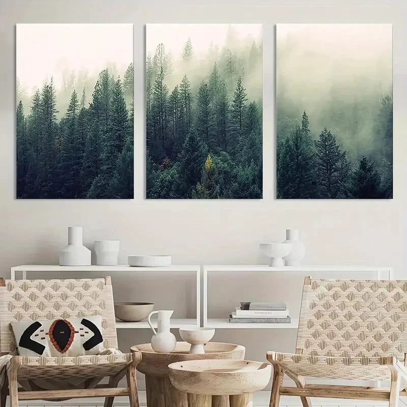 3pcs Aerial View of Pine Trees in Mist Metal Print Ready to Hang Art - Bella Home Decor