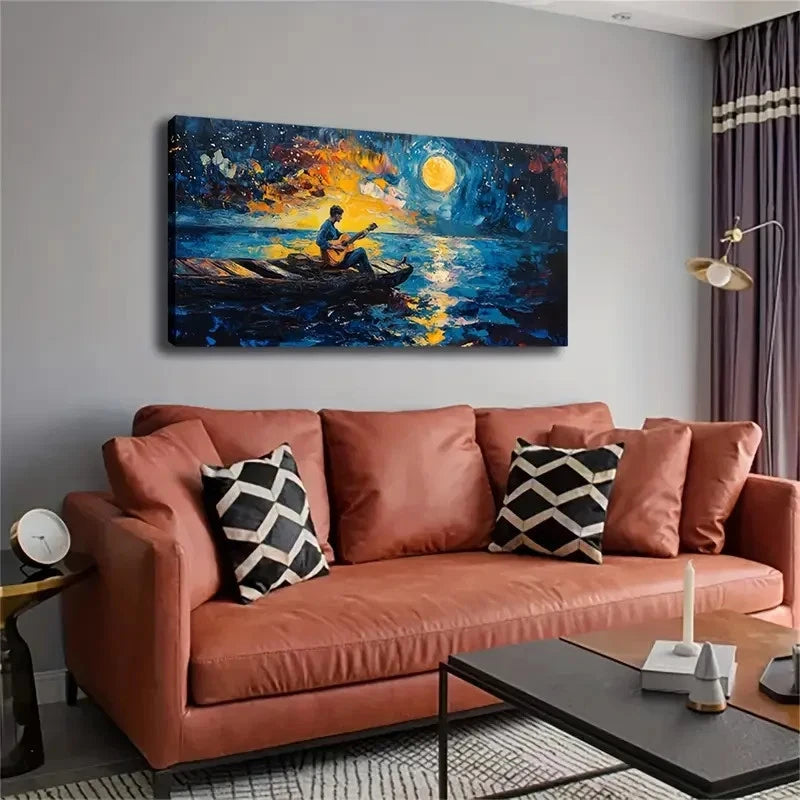 Guitarist Under Starry Night Wall Art Canvas Office Home Room Framed 120x60cm