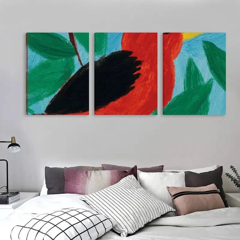 3pcs Red Bird with Black Wings & Yellow Beak Wall Art Set Canvas Framed 40x60cm - High Quality Print 100% Australian Made Wall Canvas Ready to Hang