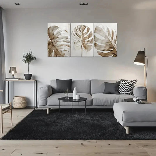 3pcs Minimalist Botanical Beige & White Wall Art Set Canvas Framed 60x90cm - High Quality Print 100% Australian Made Wall Canvas Ready to Hang
