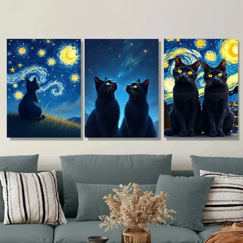 3pcs Starry Night Black Cats Yellow Swirls Wall Art Set Canvas Unframed - High Quality Print 100% Australian Made Wall Canvas