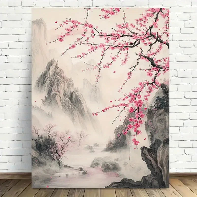 Beautiful Cherry Blossom Serenity Mountain Painting 40x60cm Metal Print Ready to Hang - Bella Home Decor