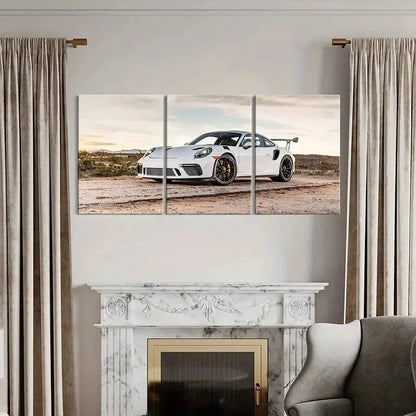 3pcs Sleek Sports Car White Porsche Wall Art Set Canvas Framed 50x70cm - High Quality Print 100% Australian Made Wall Canvas Ready to Hang