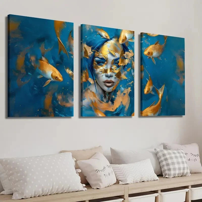 3pcs Golden And Blue Koi Fish Girl Décor Perfect Wall Art Set Canvas Framed 60x90cm - High Quality Print 100% Australian Made Wall Canvas Ready to Hang - Bella Home Decor