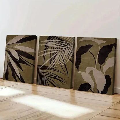 3pcs Abstract Brown Tropical Leaf Art Set Canvas Unframed - High Quality Print 100% Australian Made Wall Canvas - Bella Home Decor
