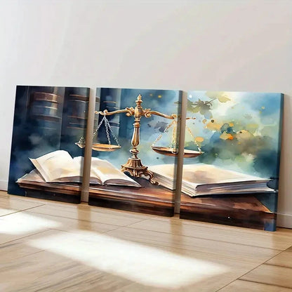 3pcs Golden Scales & Open Books Lawyers Office Wall Art Set Canvas Framed 40x60cm - High Quality Print 100% Australian Made Wall Canvas Ready to Hang - Bella Home Decor