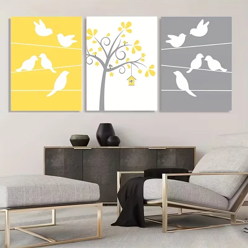 3pcs Bird and Tree Modern Yellow Grey Nursery  Wall Art Set Canvas Framed 50x70cm - High Quality Print 100% Australian Made Wall Canvas Ready to Hang - Bella Home Decor