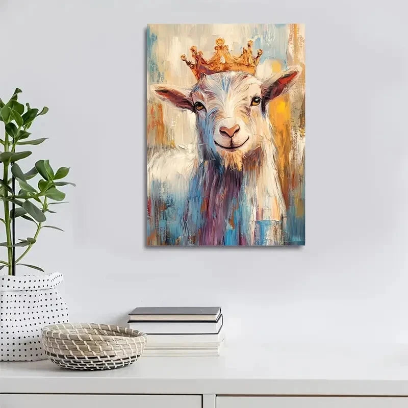 Crowned Goat Portrait With Vibrant Blue Painting 40x60cm Metal Print Ready to Hang - Bella Home Decor