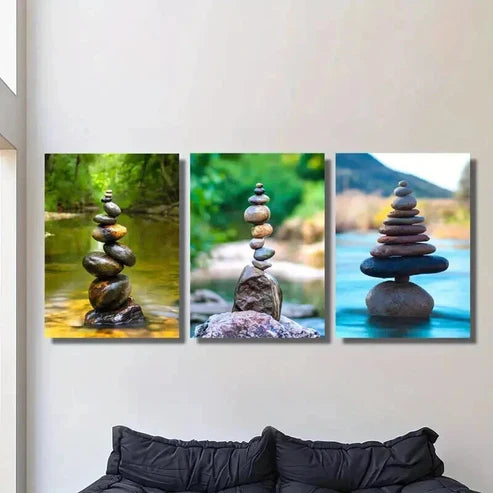 3pcs Stones Balanced on Natural Landscapes Wall Art Set Canvas Unframed - High Quality Print 100% Australian Made Wall Canvas