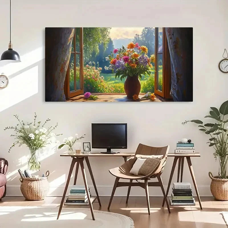 Countryside Landscape Vase Wall Art Canvas Office Home Room Framed 120x60cm - Bella Home Decor