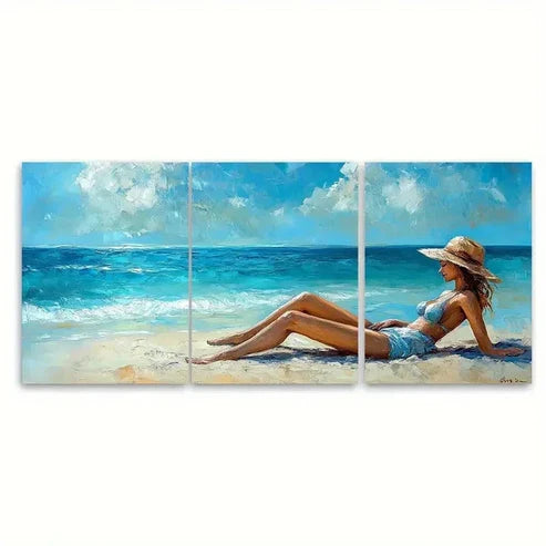 3pcs Lady Relaxing on Beach  Wall Art Set Canvas Unframed – High Quality Print 100% Australian Made Wall Canvas - Bella Home Decor