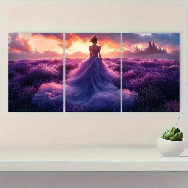 3pcs Elegant Purple Gown Fantasy Castle Art T   Wall Art Set Canvas Framed 50x70cm - High Quality Print 100% Australian Made Wall Canvas Ready to Hang