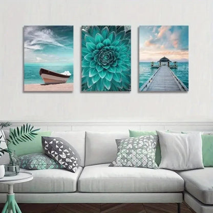 3pcs Painting with Teal Floral Boat Pier Metal Print Ready to Hang Art
