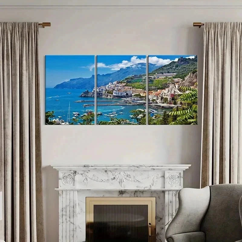 3pcs Seaside City Coastline Sea Scenery Wall Art Set Canvas Framed 50x70cm - High Quality Print 100% Australian Made Wall Canvas Ready to Hang