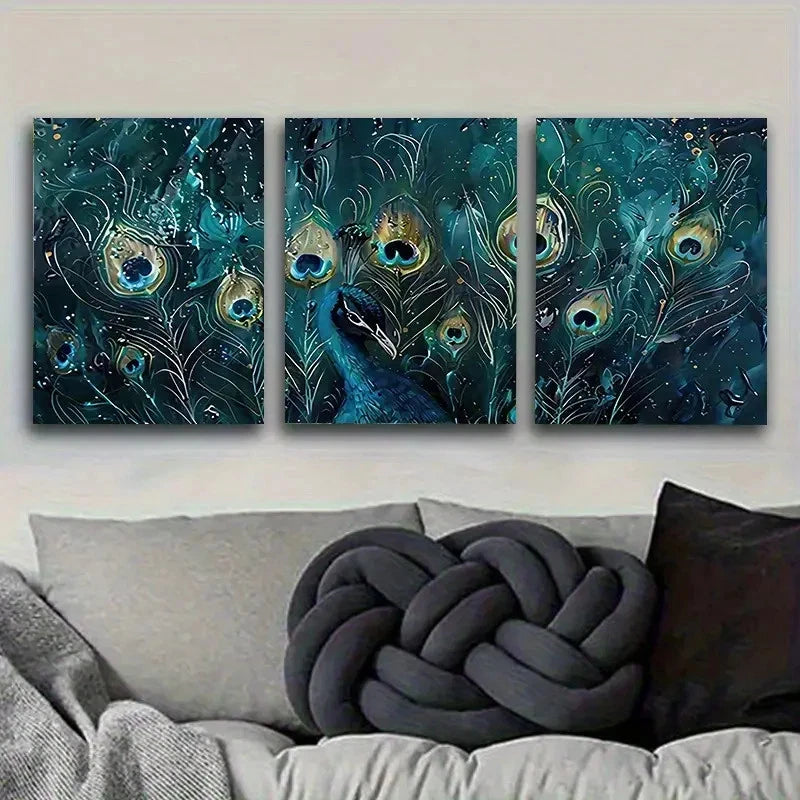 3pcs Peacock Feathers Fantasy Wall Art Set Canvas Framed 50x70cm - High Quality Print 100% Australian Made Wall Canvas Ready to Hang - Bella Home Decor