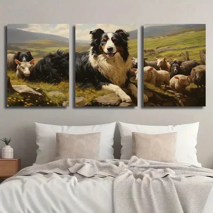 3pcs Sheepdog & Sheep Meadow Scene Wall Art Canvas Unframed - High Quality Print 100% Australian Made Wall Canvas