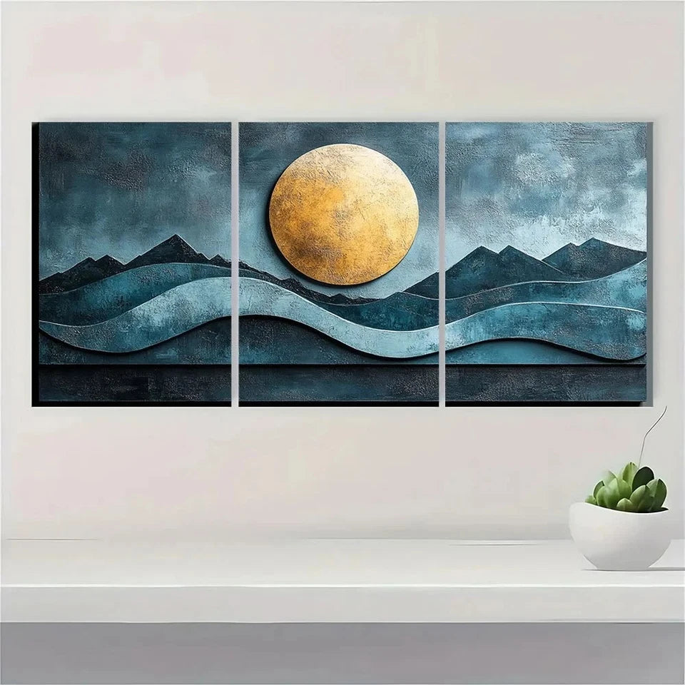 3pcs Abstract Turquoise Geometric Round Metal Print Ready to Hang Art - Bella Home Decor