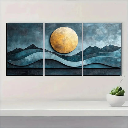 3pcs Abstract Turquoise Geometric Round Metal Print Ready to Hang Art - Bella Home Decor