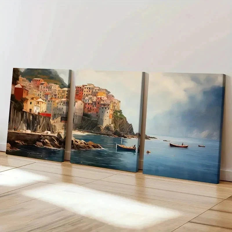 3pcs serene Harbor & Rocky Coastline wall Art Set Canvas Framed 50x70cm - High Quality Print 100% Australian Made Wall Canvas Ready to Hang