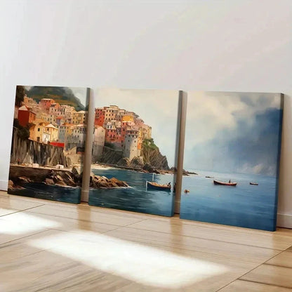 3pcs serene Harbor & Rocky Coastline wall Art Set Canvas Framed 50x70cm - High Quality Print 100% Australian Made Wall Canvas Ready to Hang