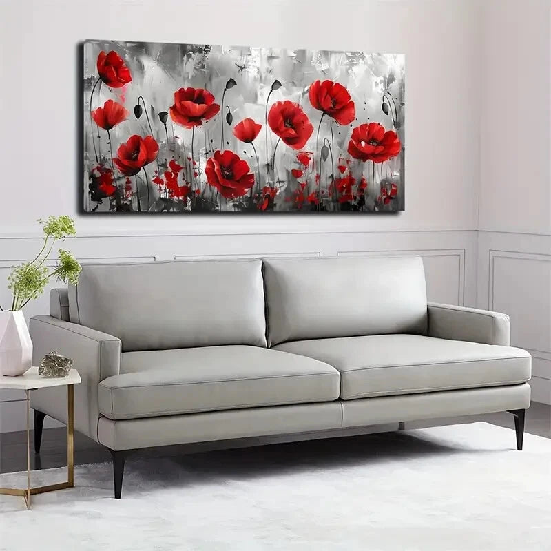 Red Poppy Floral Paintingall Art wall canvas office home room framed 120x60cm - Bella Home Decor