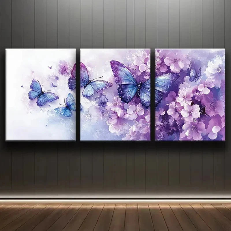 3pcs Blue Butterflies with Floral Accents Wall Art Set Canvas Framed 40x60cm - High Quality Print 100% Australian Made Wall Canvas Ready to Hang - Bella Home Decor