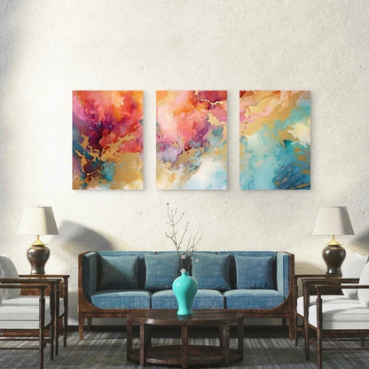 3pcs Vibrant Fusion Of Golden Elements Wall Art Set Canvas Framed 50x70cm - High Quality Print 100% Australian Made Wall Canvas Ready to Hang