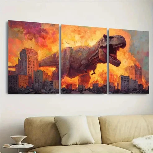 3pcs Epic T-Rex in Cityscape, Retro Kaiju Wall Art Set Canvas Unframed - High Quality Print 100% Australian Made Wall Canvas - Bella Home Decor