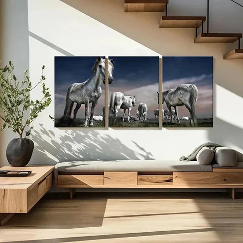 3pcs White Horse in Grassland Landscape Wall Art Set Canvas Unframed - High Quality Print 100% Australian Made Wall Canvas