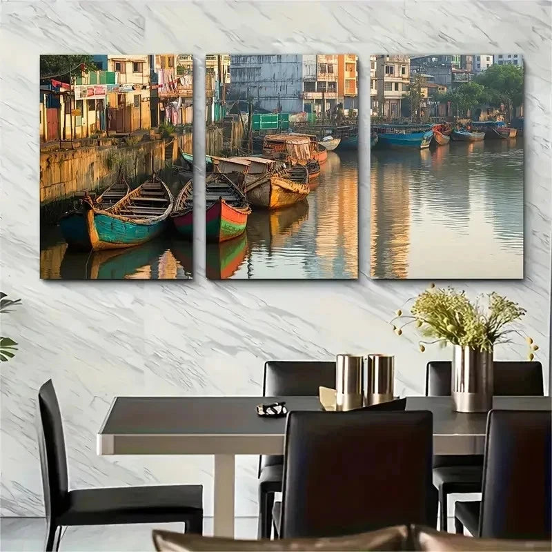 3pcs Colorful Cityscape with Boats & Perfect Wall Art Set Canvas Framed 50x70cm - High Quality Print 100% Australian Made Wall Canvas Ready to Hang - Bella Home Decor