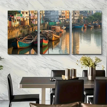 3pcs Colorful Cityscape with Boats & Perfect Wall Art Set Canvas Framed 50x70cm - High Quality Print 100% Australian Made Wall Canvas Ready to Hang - Bella Home Decor