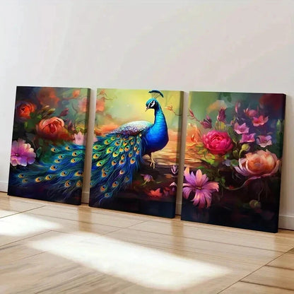 3pcs Peacock & Flower Abstract Aesthetic Wall Art Set Canvas Framed 60x90cm - High Quality Print 100% Australian Made Wall Canvas Ready to Hang - Bella Home Decor