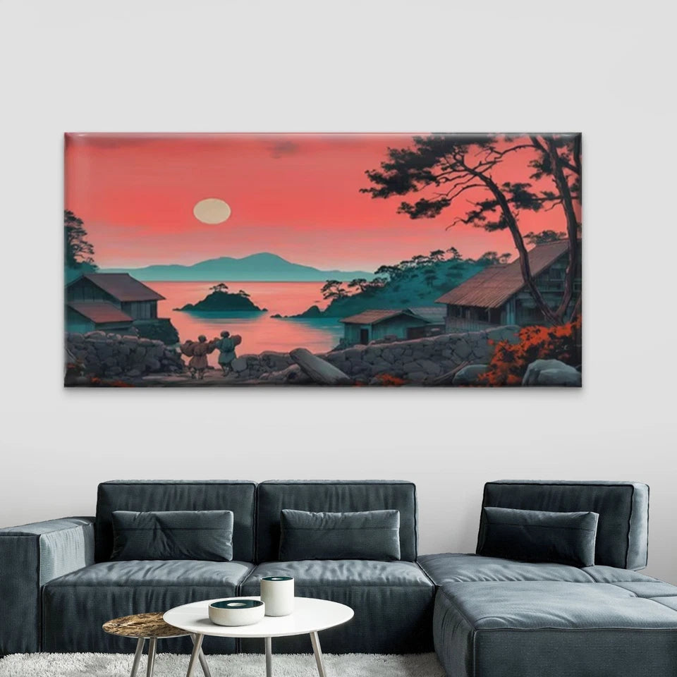 Chinese Inspired Asian Village Wall Art Canvas Office Home Room Framed 120x60cm - Bella Home Decor