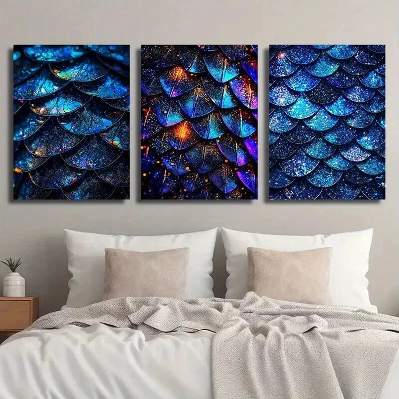 3pcs Blue Glitter Scales Décor Modern Perfect Wall Art Set Canvas Framed 50x70cm - High Quality Print 100% Australian Made Wall Canvas Ready to Hang - Bella Home Decor